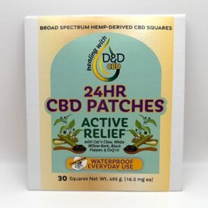 Square CBD Patches packaging showing active relief ingredients and application details.